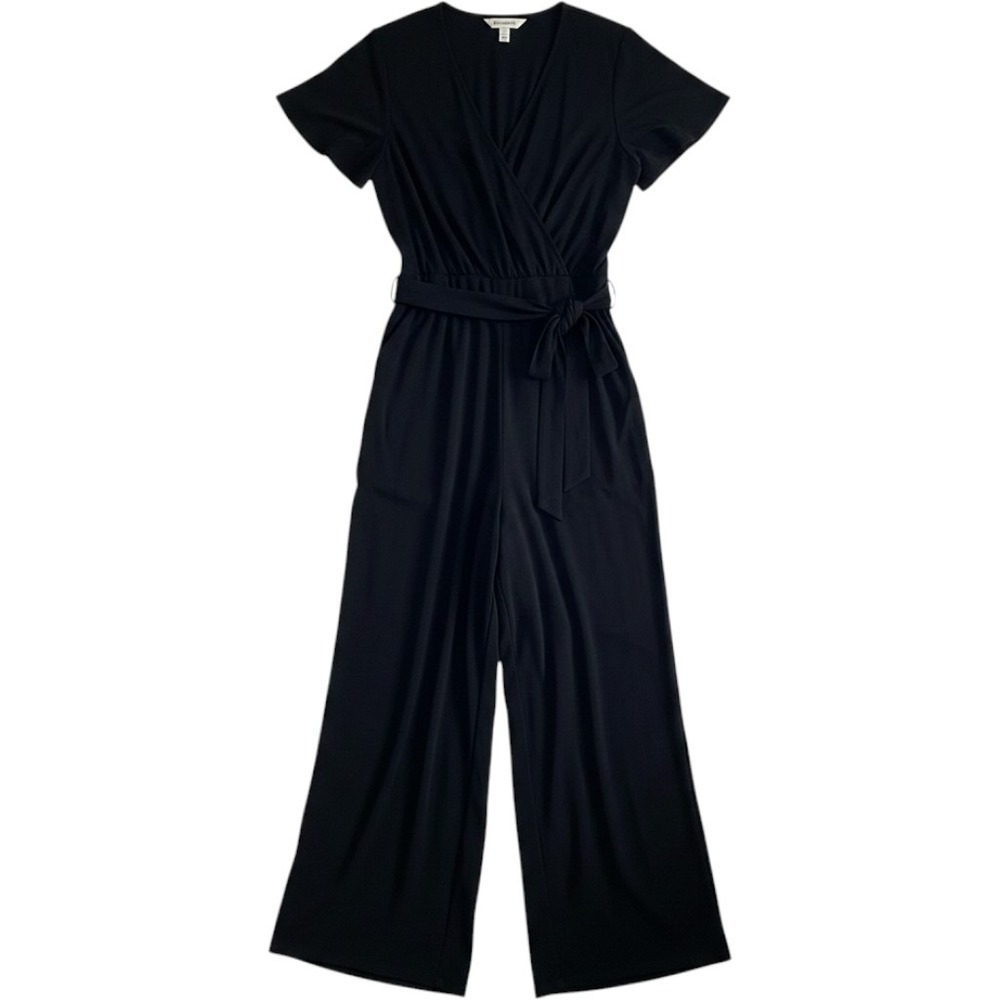 Lane Bryant Jumpsuit Women 22/24 Black Surplice Flutter Sleeve Wide Leg Pockets - Picture 2 of 16